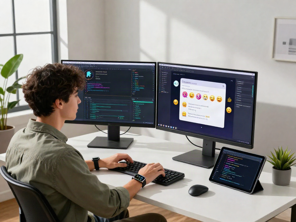 Engaging with spicy chat ai in a modern tech workspace, young developer surrounded by advanced screens and gadgets.