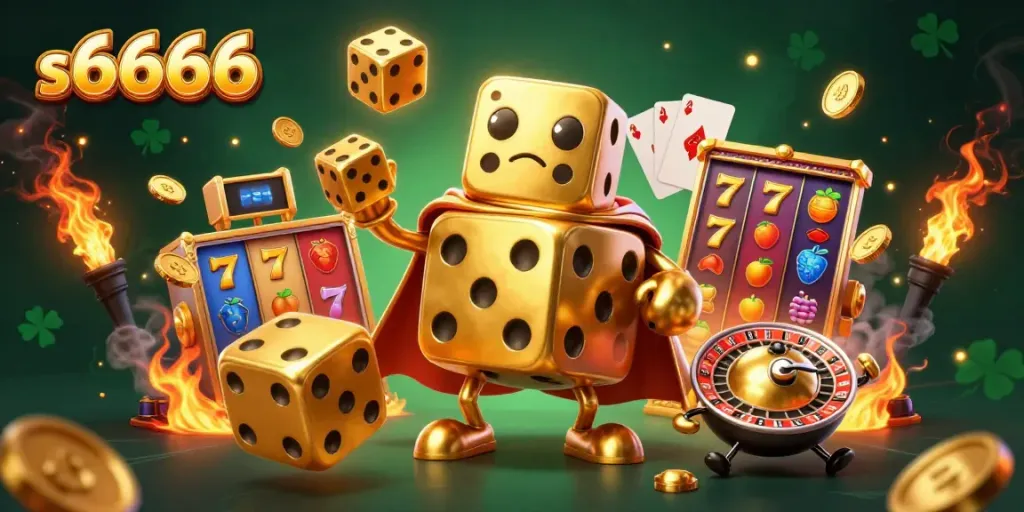Win big with s6666 in this vibrant slot-themed 3D scene featuring dynamic gold dice and rich game elements.