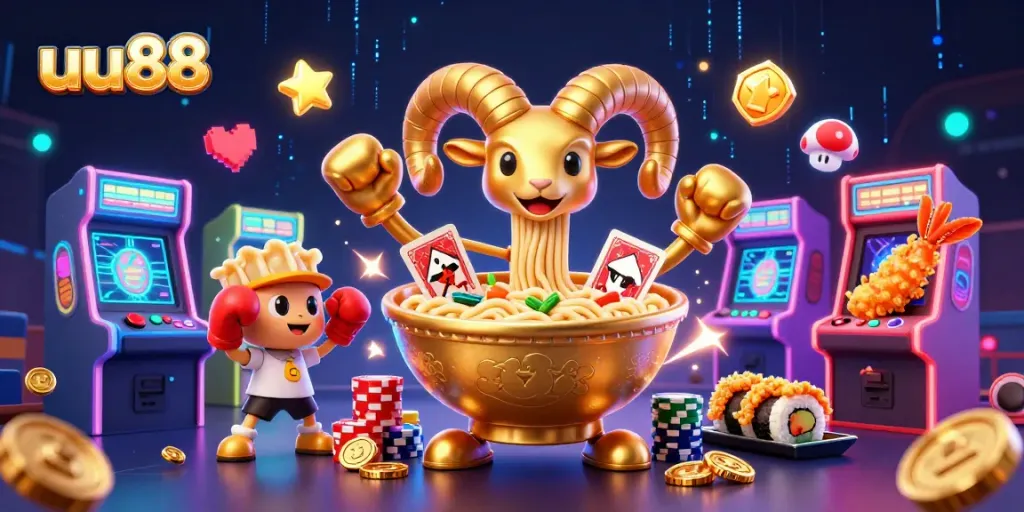 uu88 offers unique gameplay with a giant ramen bowl character dealing cards in a vibrant casino scene.