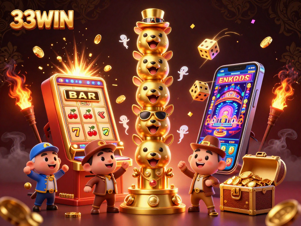 Engage with 33WIN's vibrant casino scene featuring a dynamic totem pole and slot machine bursting with excitement.