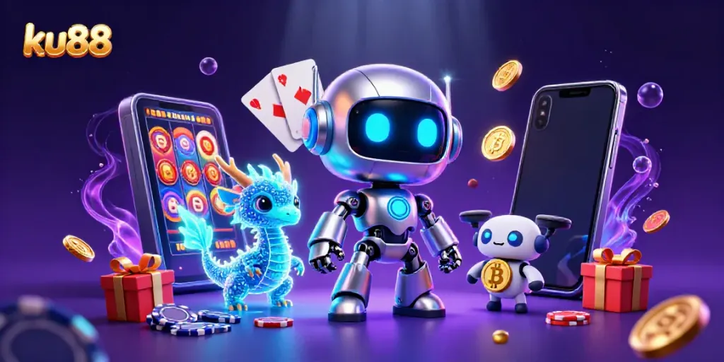 Engage in exciting slot action with ku88's 3D cartoon robot and AI dragon in an immersive casino world.