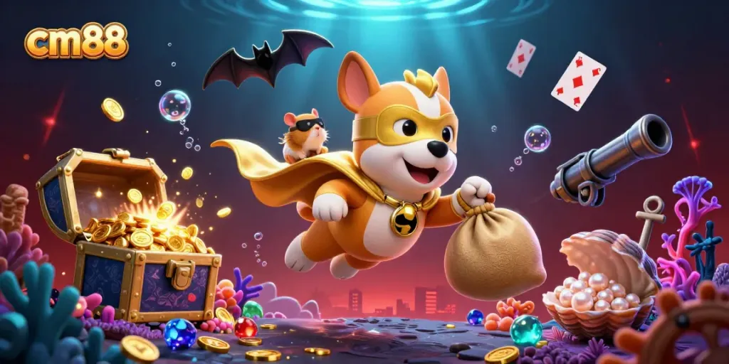Engage with cm88's casino excitement featuring a heroic dog and hamster in a dynamic scene.