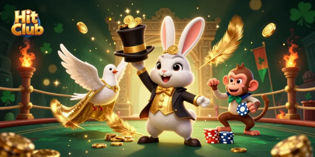 Hit Club features a magician rabbit conjuring coins and a monkey with poker chips in a vibrant casino scene.