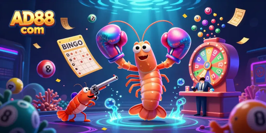 Engage with AD88 com in an exciting casino scene with colorful lottery elements and vibrant, dynamic characters.