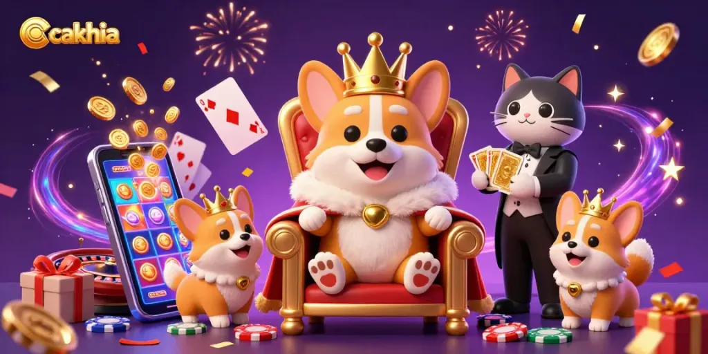 Cakhia showcases a royal corgi in a dynamic casino scene, presenting an exciting gaming atmosphere with colorful elements.