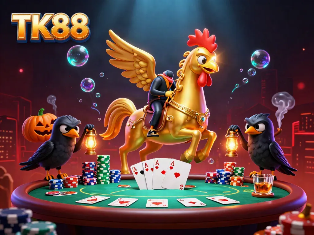Engage in thrilling gameplay at TK88 casino with a golden rooster riding through a vibrant scene.