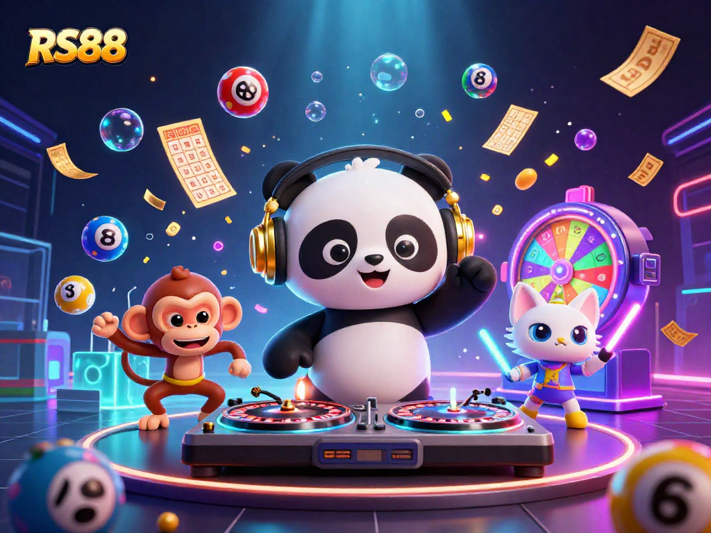 RS88 casino adventurers celebrate with an electrifying illustration featuring vibrant characters and dynamic gaming elements.