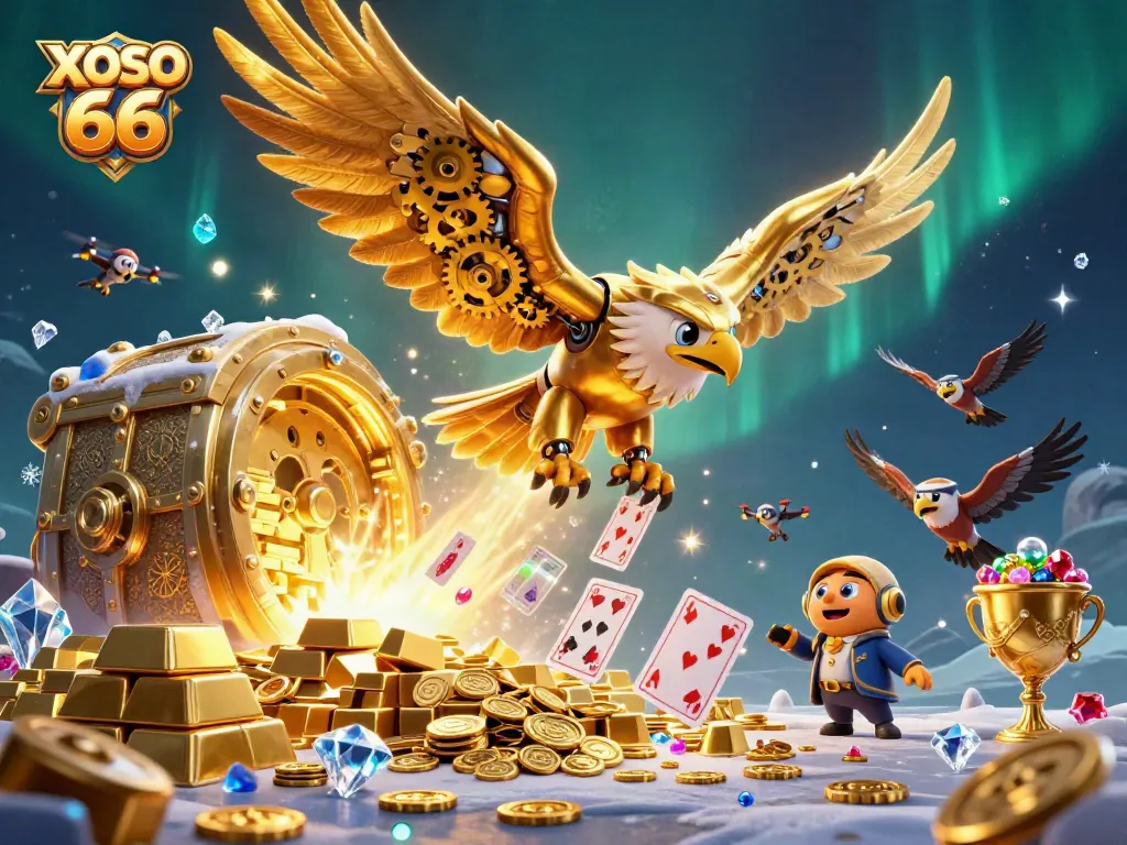 XOSO 66 features a golden eagle amidst lavish casino treasures.