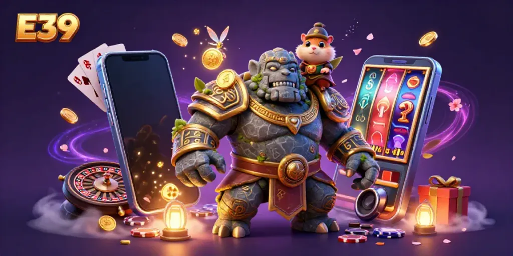 The E39 illustration showcases a magical stone golem guardian amidst casino elements like slot games and cards, creating a rich fantasy theme.