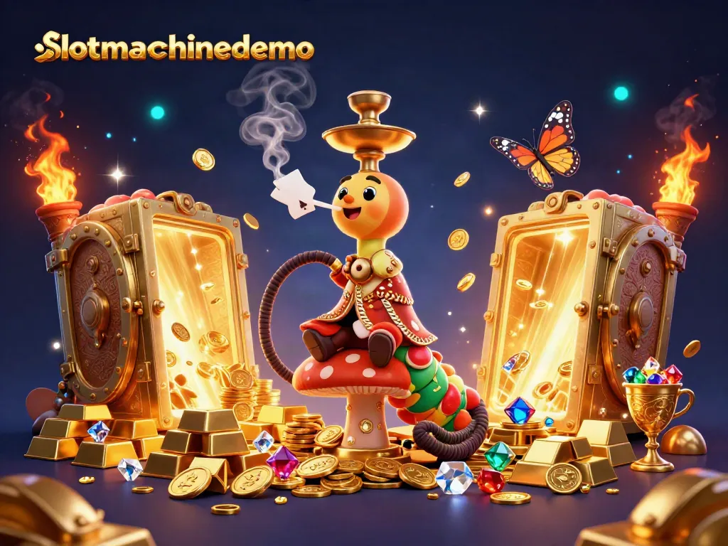 Experience slotmachinedemo with vibrant 3D illustration of a hookah-master caterpillar in a magical casino environment.