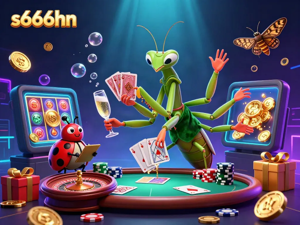 Experience the thrill of s666hn with a vibrant casino scene featuring a giant praying mantis and charming ladybug.
