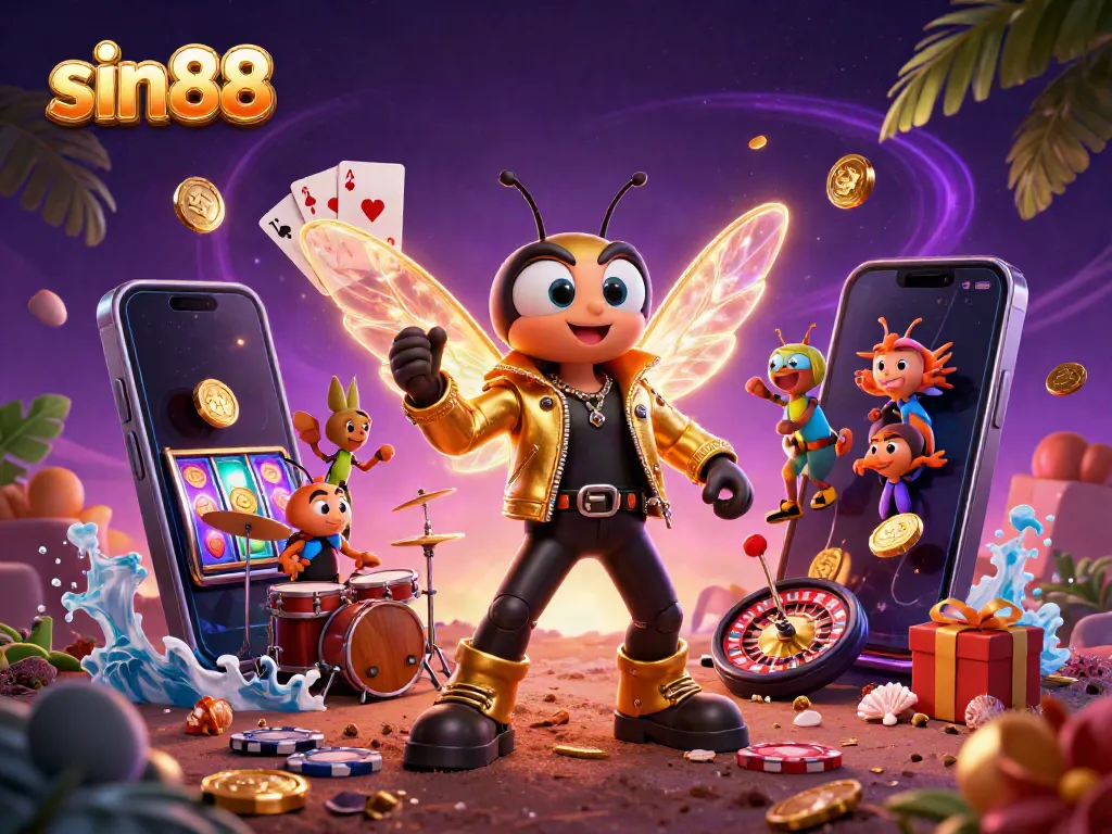 Experience sin88 excitement as a cicada rock star leads a vibrant casino scene with slots and golden coins.