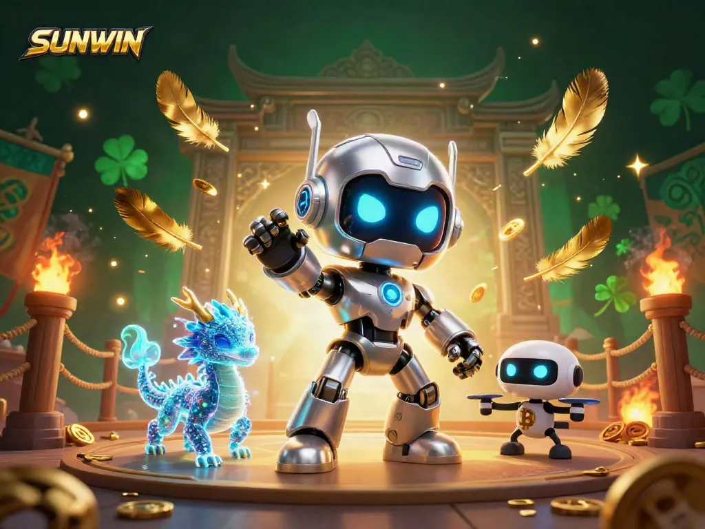 Experience the excitement of SUNWIN with a vibrant 3D scene featuring a cyberpunk robot and a holographic dragon amidst dynamic casino elements.
