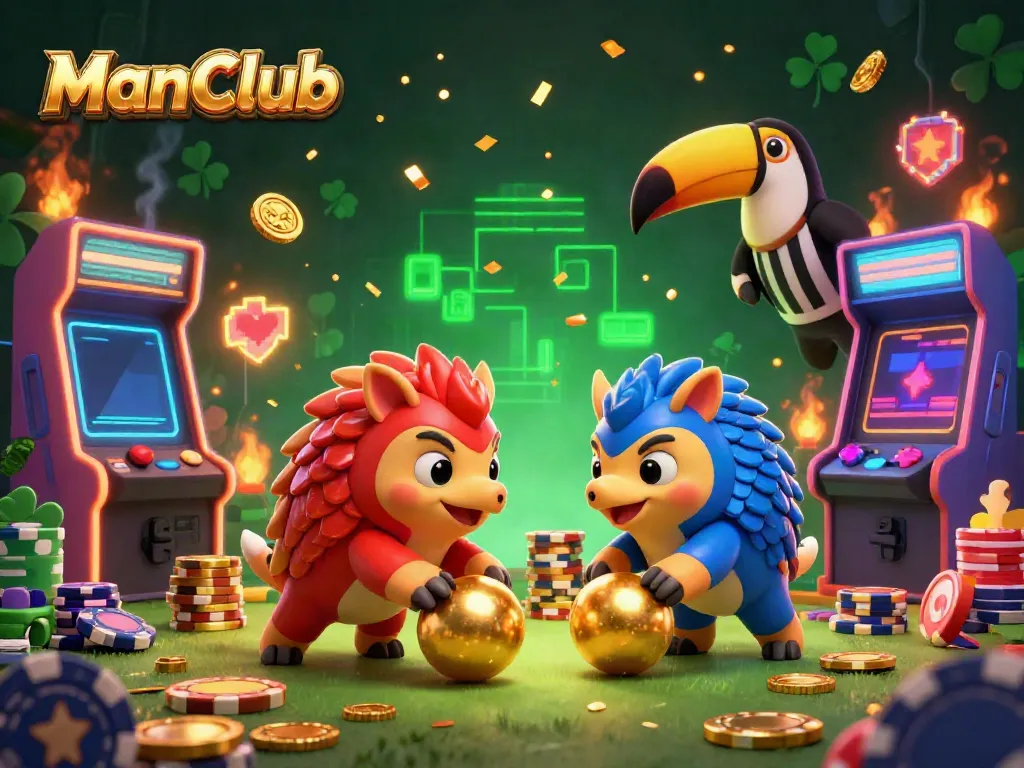 Experience thrilling gaming at ManClub with rival pangolins bowling through poker chips in a vibrant 3D illustration.