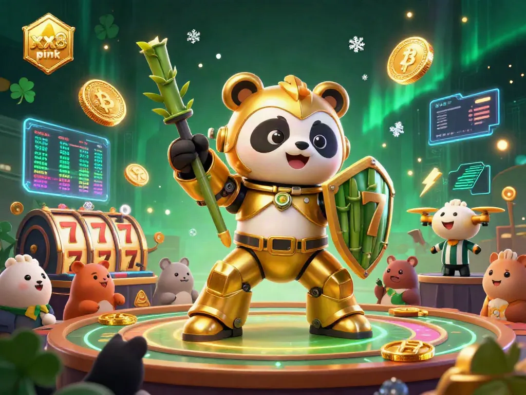Experience thrilling action in the live casino scene with xx8 pink featuring a mech-suit panda amidst vibrant slot elements.