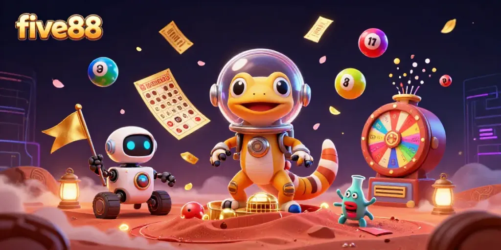 Win exciting prizes at five88 with a fun Martian gecko in a vibrant casino setting.
