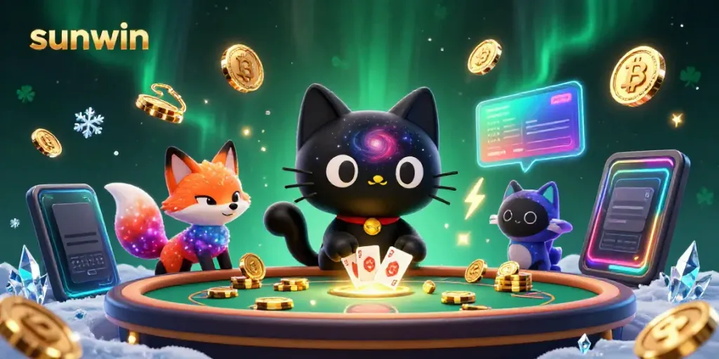 Engage in thrilling gameplay with sunwin as the cosmic cat entices golden chips and cards at a vibrant casino table.