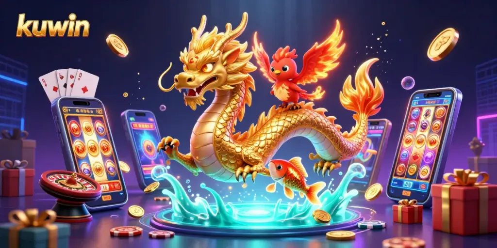 Engage with kuwin's vibrant gaming world featuring dragons and luck amidst coins and slot games.