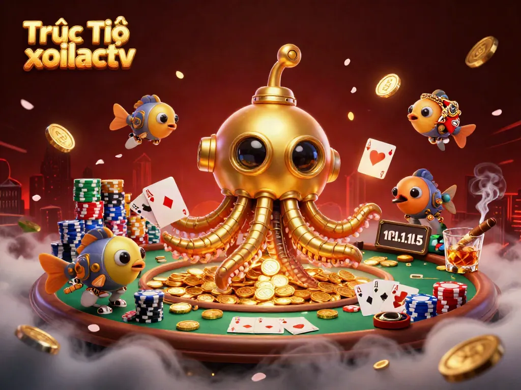 Experience Trực Tiếp xoilactv with the golden kraken submarine surrounded by vibrant gambling elements.