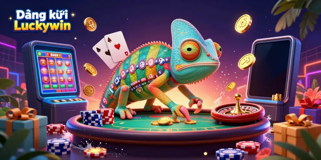 Engage in the excitement of Đăng ký Luckywin with a colorful casino scene featuring a chameleon owner and dynamic game elements.