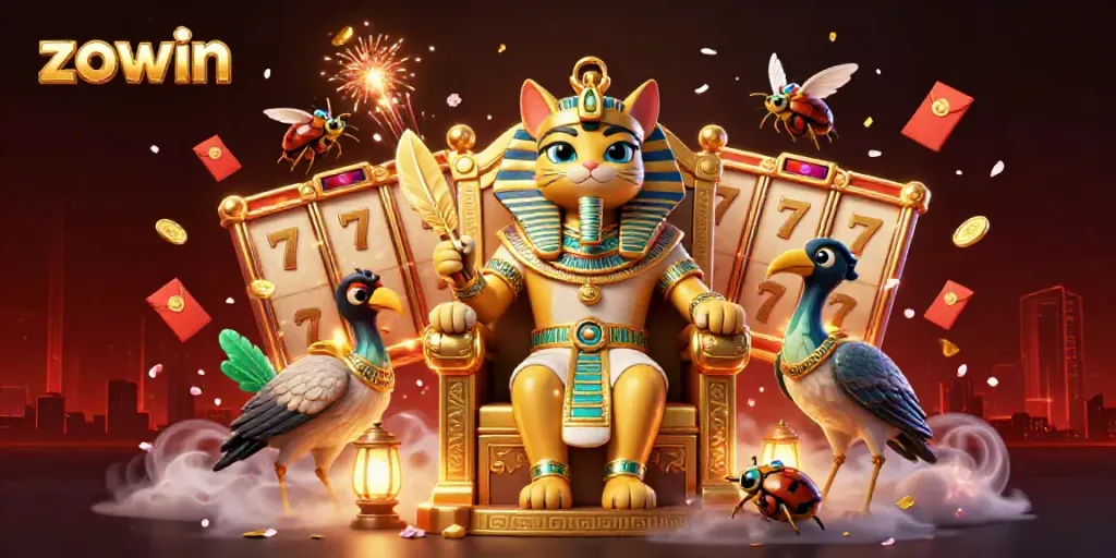 Catch the excitement at Zowin featuring 3D cartoon characters surrounded by vibrant slot machine visuals and gold coins.