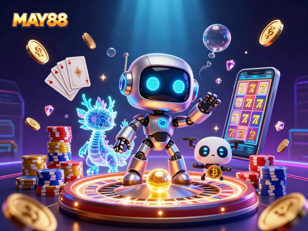 MAY88 brings thrilling casino action with cartoon characters in vibrant gaming scene filled with casino elements.