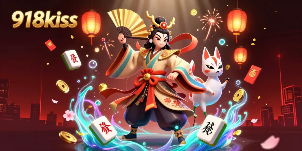 Engage in thrilling gameplay with 918kiss, featuring dynamic slot symbols and vibrant characters in a colorful casino scene.