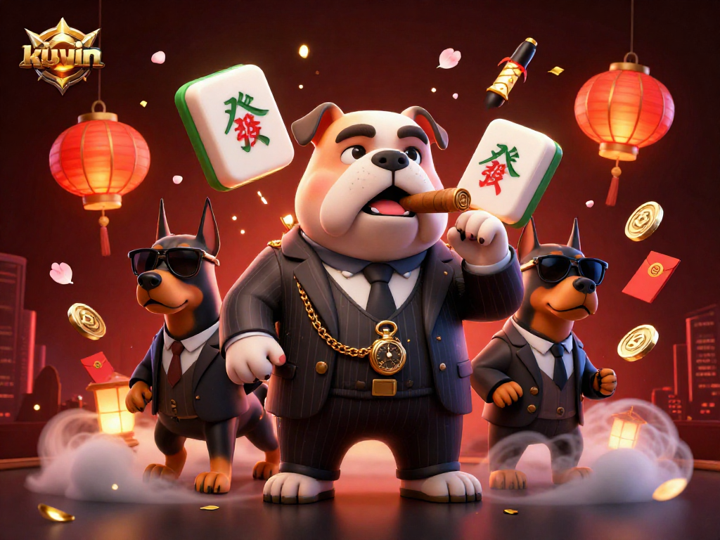 kuwin offers exciting gameplay with a cartoon mafia boss and his Doberman bodyguards in a vibrant casino scene.