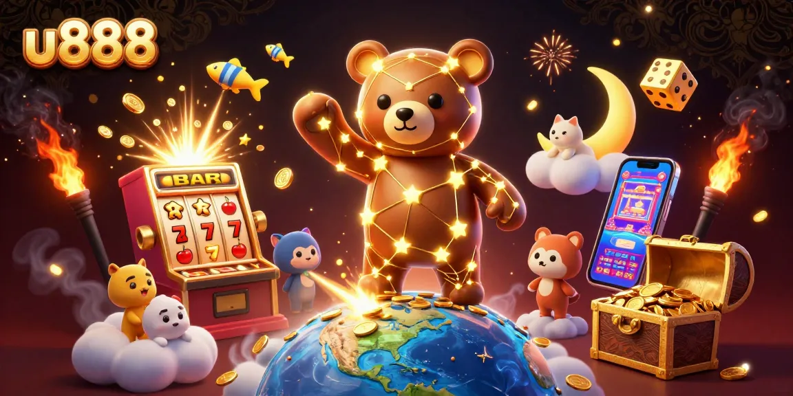 Experience u888's rich casino atmosphere with golden constellation-themed characters and dynamic game elements.