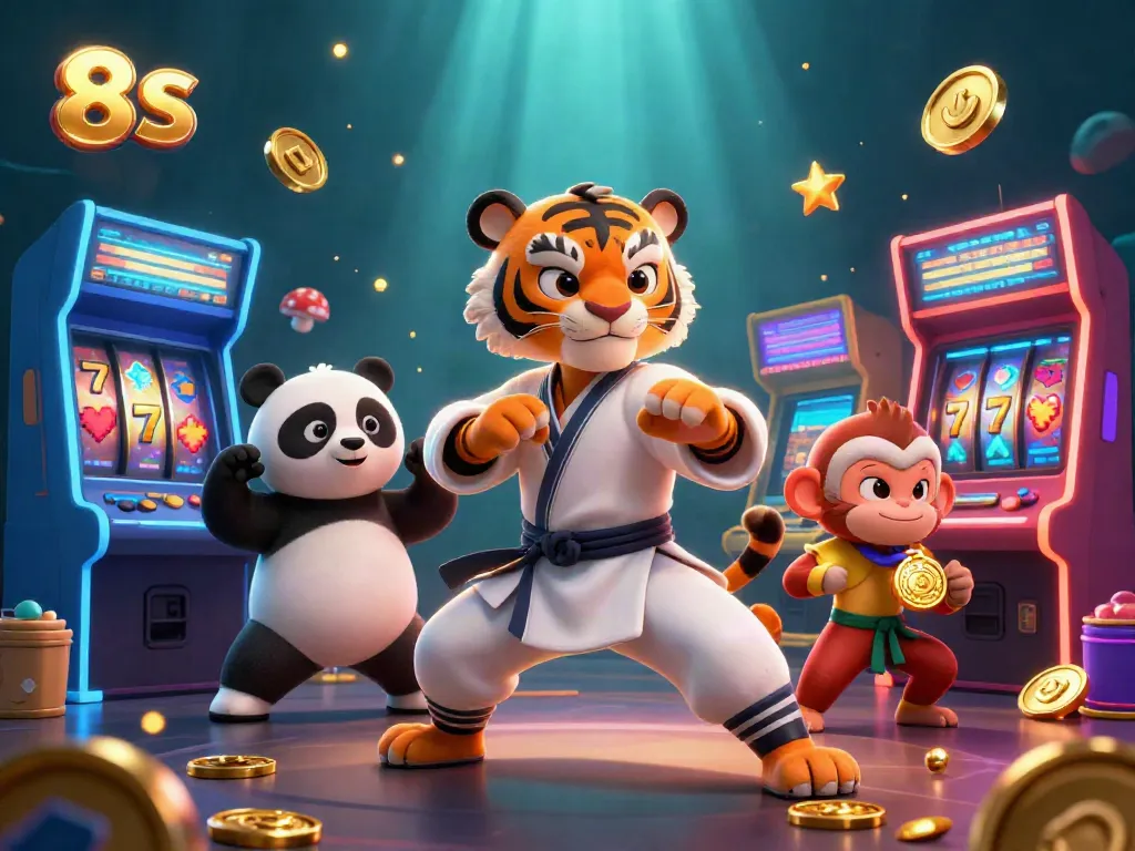Spin the reels with 8 S as kung fu characters celebrate gold in a vibrant casino setting.