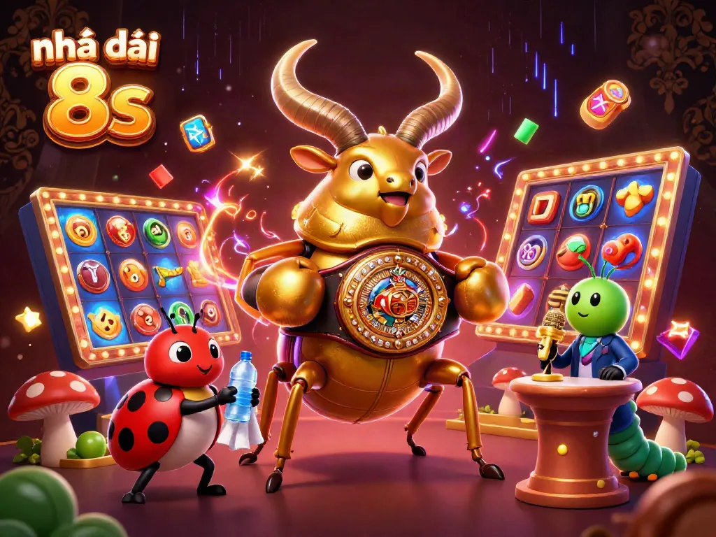 Experience thrill and excitement with Nhà cái 8s in a vibrant casino scene filled with games and glowing characters.