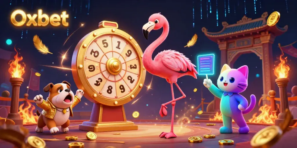 Engage with Oxbet's vibrant casino world, featuring a flamingo host and engaging gameplay design.