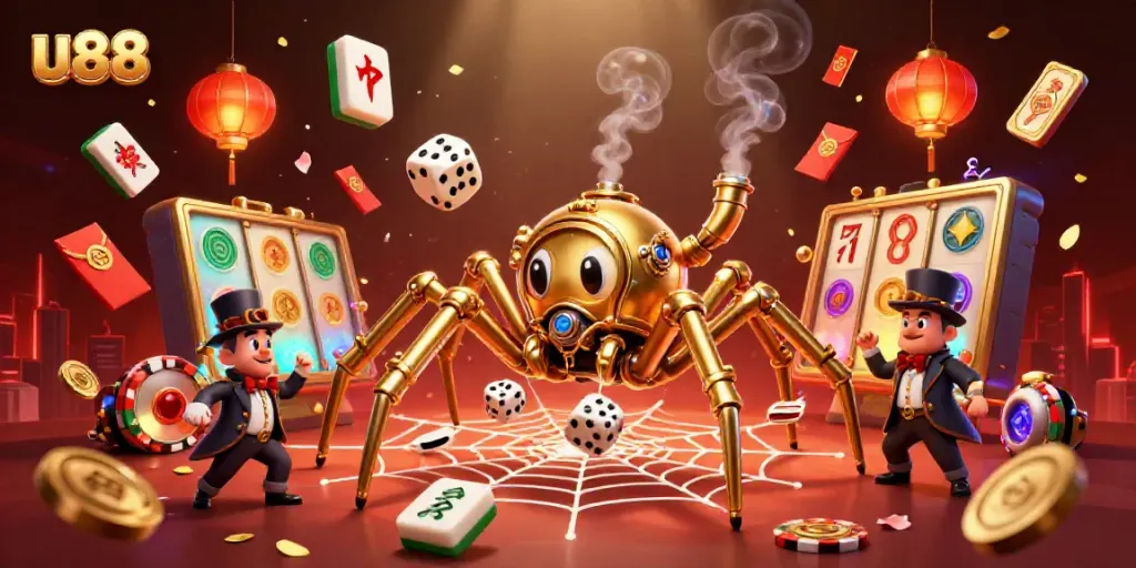 Engage in thrilling gameplay at u88 with a steampunk spider capturing dice and surrounded by vibrant casino elements.