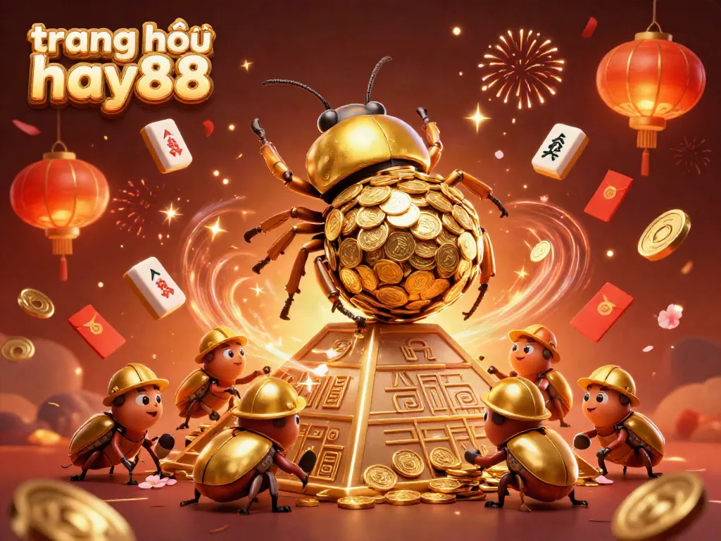 Experience the thrill of gaming at trang chủ hay88 with a vibrant scene of golden beetles, casino symbols, and celebration elements.