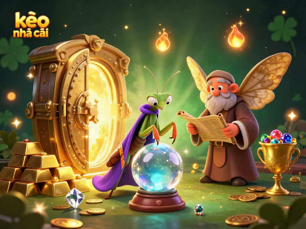 Experience kèo nhà cái with a whimsical 3D fortune teller and librarian surrounded by treasures and gambling elements.