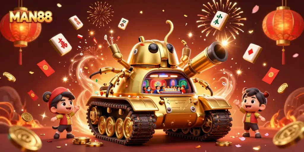 Engage in excitement at MAN88's vibrant casino scene featuring a unique golden beetle tank.