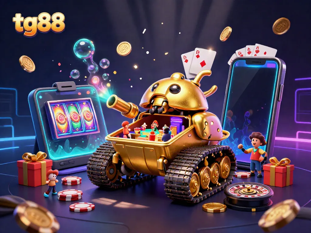 Win big with tg88: a 3D artistic representation showcasing a vibrant casino experience within a golden beetle tank.