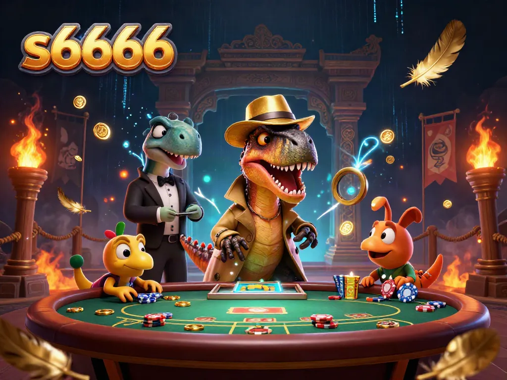 Experience thrilling gameplay with s6666 as a 3D velociraptor bets at a blackjack table.