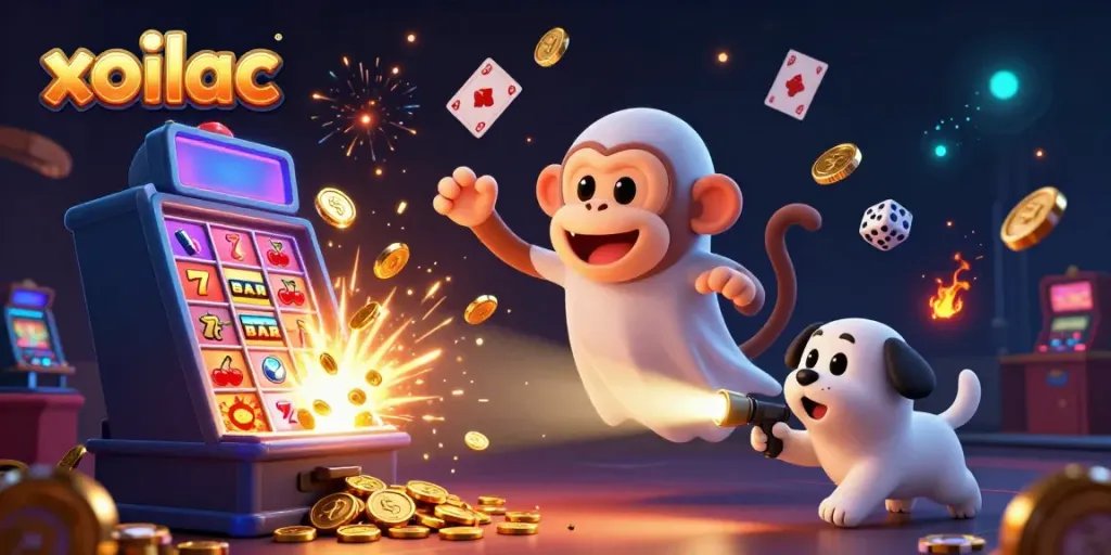 Experience the excitement of xoilac with a ghostly monkey juggling golden casino treasures in a vibrant setting.