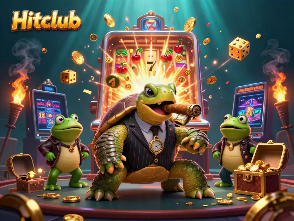 Hitclub casino adventure featuring a snapping turtle in a vintage suit and bullfrog enforcers amidst a jackpot explosion of casino elements.