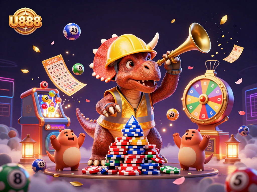 Experience the excitement of U888 with a vibrant 3D scene featuring a triceratops and colorful lottery elements.