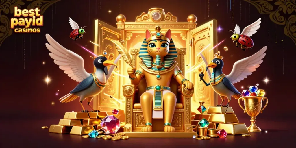 Engaging scene showcasing the best PayID casinos with 3D Egyptian characters, treasure, and casino elements.