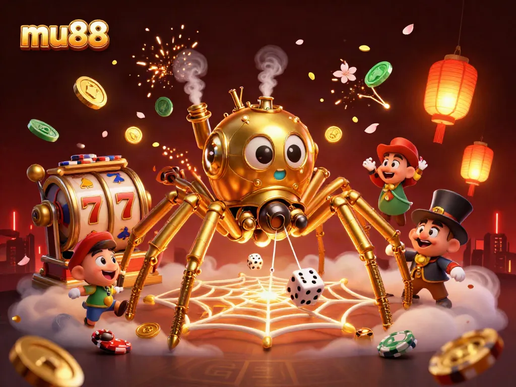 mu88 captures excitement with steampunk spider and slot reels in a vibrant casino scene