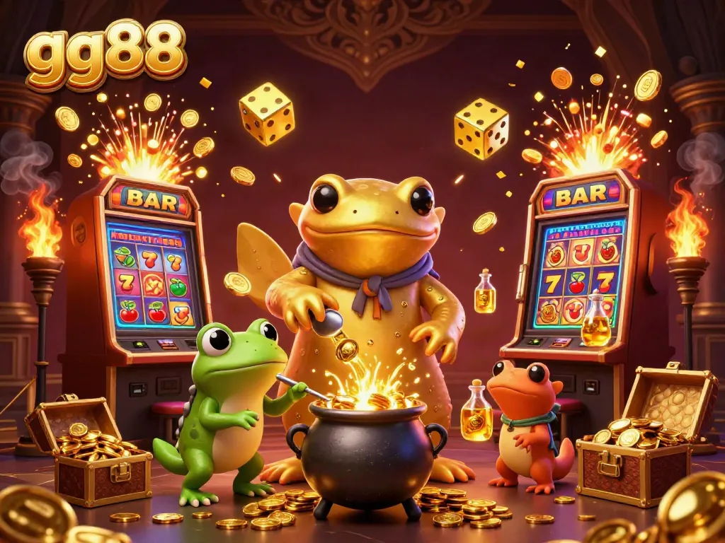 Experience gaming at gg88 with gold coins, exciting slots, and dynamic characters in a vibrant scene.