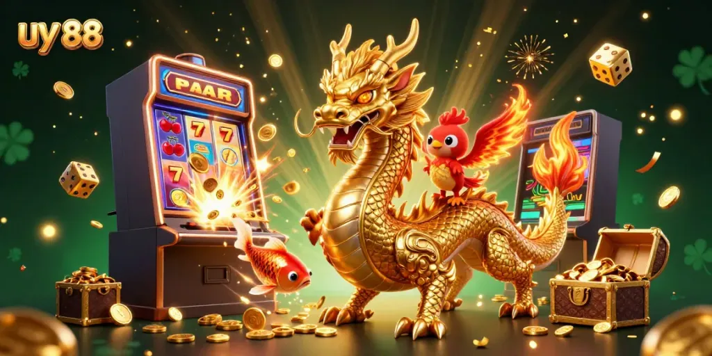 Experience exciting wins with uy 88 through a dynamic casino-themed illustration featuring dragons and jackpots.