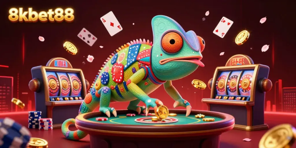Experience thrilling gaming at 8xbet88 with an ultra-detailed 3D illustration of vibrant casino activities.