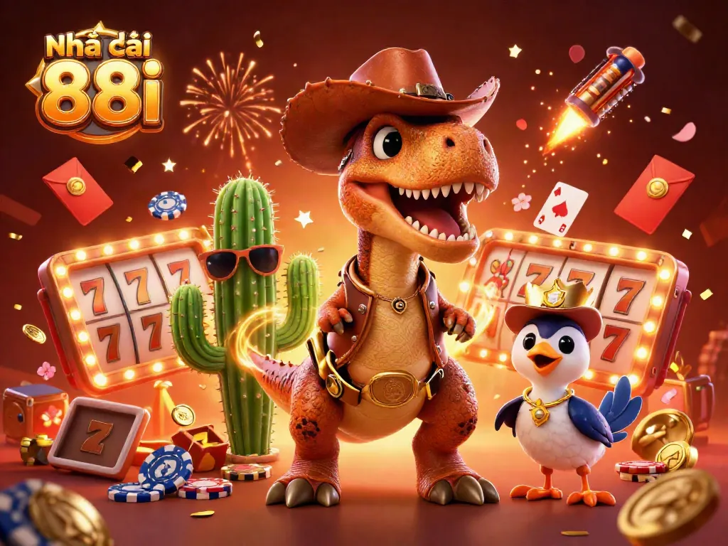Engaging illustration showcasing Nhà cái 88i with a T-Rex, cactus sidekick, and roadrunner in a vibrant casino-themed setting.