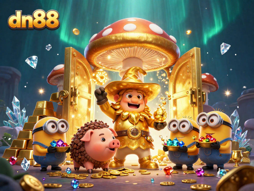 Experience the magic of dn88 as the golden mushroom wizard unveils treasures in this thrilling casino scene.