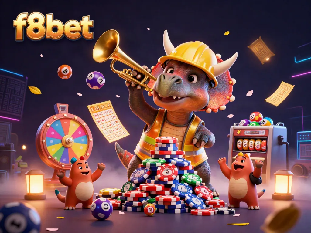 Celebrate with f8bet's dynamic 3D triceratops and exciting casino elements amidst a vibrant, colorful scene.