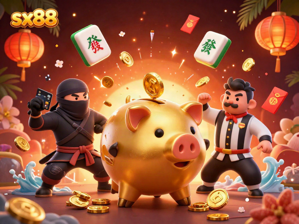 SX88 casino illustration capturing vibrant risks and rewards with dynamic playful characters in action.